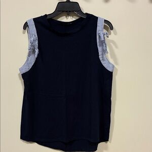 Doe & Rae Navy Tank Top with Striped Sleeves medium